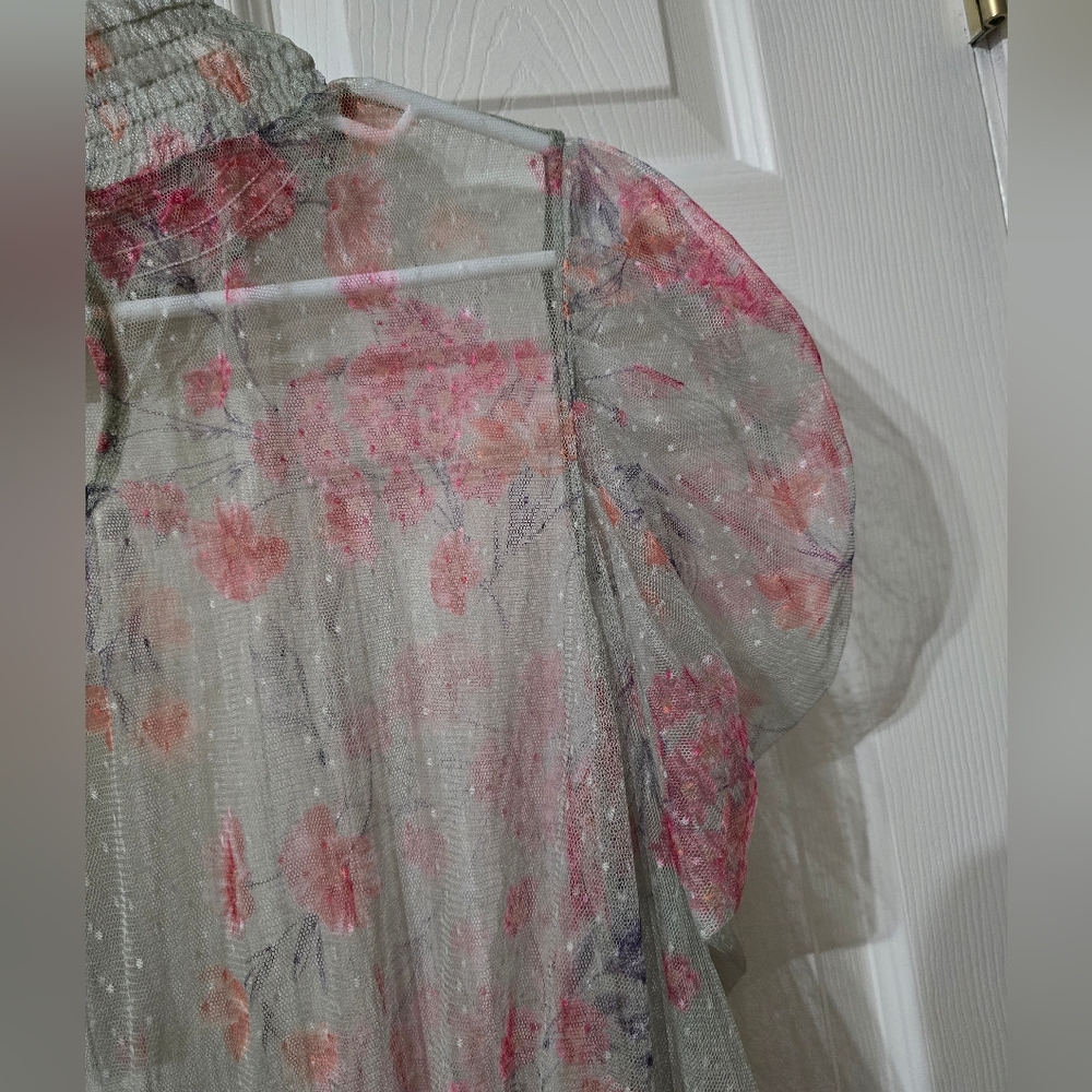 Cottagecore Sheer Floral Mesh Puff Shoulder Smocked Mockneck Top, NWT, Sz Medium - Picture 11 of 14